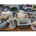 A WEDGWOOD MOONLIGHT LUSTRE JUG, MALING AND OTHER JUGS, A DOULTON AND SLATER PLANTER, OTHER