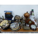ELECTROPLATE, CASED AND LOOSE CUTLERY, A COPPER TEA URN, A CLOCK, AN ANEROID BAROMETER, ETC