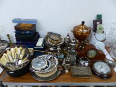 ELECTROPLATE, CASED AND LOOSE CUTLERY, A COPPER TEA URN, A CLOCK, AN ANEROID BAROMETER, ETC