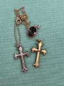 TWO ANTIQUE CROSS PENDANTS, UNHALLMARKED, ASSESSED AS 9ct GOLD, ONE SUSPENDED ON A 9ct GOLD CHAIN,