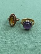 A HALLMARKED 22ct GOLD RING SET WITH AN AMETHYST, TOGETHER WITH A 9ct HALLMARKED GOLF CITRINE