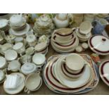 CROWN DUCAL CLARET BANDED DINNER WARES, FOLEY AND OTHER TEA WARES, A DOULTON FIGURE AND TWO COPELAND