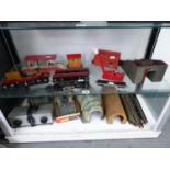 HORNBY DUBLO LOCOMOTIVE, CARRIAGES, CRANE AND FLAT BED TRUCK TOGETHER WITH RAIL SIDE BUILDINGS,