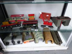 HORNBY DUBLO LOCOMOTIVE, CARRIAGES, CRANE AND FLAT BED TRUCK TOGETHER WITH RAIL SIDE BUILDINGS,