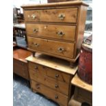 TWO PINE CHESTS, ONE OF THREE LONG DRAWERS AND THE OTHER WITH TWO SHORT AND TWO LONG DRAWERS. W 89 x