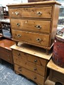 TWO PINE CHESTS, ONE OF THREE LONG DRAWERS AND THE OTHER WITH TWO SHORT AND TWO LONG DRAWERS. W 89 x