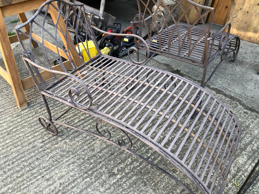 A FOUR PIECE PAINTED WROUGHT IRON PATIO SUITE CONSISTING OF TWO ROCKING ARM CHAIRS AND TWO SUN - Image 2 of 6