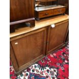 A 19th C. MAHOGANY SIDE CABINET, THE TWO DOORS ENCLOSING SHELVES. W 113 x D 48 x H 75cms.