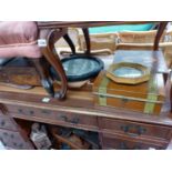 VARIOUS 19th C. WORK BOXES, A CARVED PANEL, A CASH BOX, EMBROIDERED PANEL ETC.