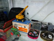 A BOXED DINKY COLES MOBILE CRANE, NAMED CAR KEY TABS, A TRIPOD, TIN BOXED CLOTHES IRON AND A PAIR OF