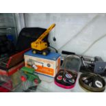 A BOXED DINKY COLES MOBILE CRANE, NAMED CAR KEY TABS, A TRIPOD, TIN BOXED CLOTHES IRON AND A PAIR OF