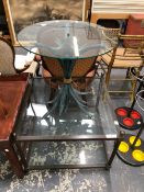 TWO CONTEMPORARY GLASS TOPPED TABLES, TWO 1950S COAT AND STICK STANDS TOGETHER WITH A FULL LENGTH