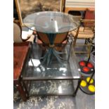 TWO CONTEMPORARY GLASS TOPPED TABLES, TWO 1950S COAT AND STICK STANDS TOGETHER WITH A FULL LENGTH