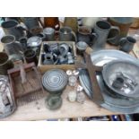 PEWTER MUGS, MEASURES AND DISHES TOGETHER WITH COPPER AND ELECTROPLATE