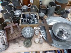 PEWTER MUGS, MEASURES AND DISHES TOGETHER WITH COPPER AND ELECTROPLATE