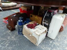 AN ECOAIR DEHUMIDIFIER, THREE OIL LAMPS, A SEWING MACHINE AND A CLARKES STRONG ARM