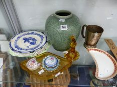 A CHINESE CELADON GINGER JAR, A DOULTON NORFOLK PATTERN AND OTHER PLATES, A HALL & CO. EPNS MUG