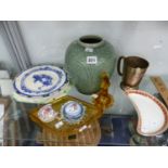 A CHINESE CELADON GINGER JAR, A DOULTON NORFOLK PATTERN AND OTHER PLATES, A HALL & CO. EPNS MUG