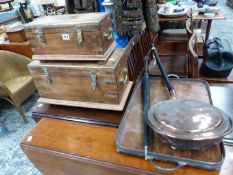 TWO SMALL HARDWOOD BRASS BOUND BOXES, A VINTAGE PARASOL, A GALLERY TRAY AND A WARMING PAN.