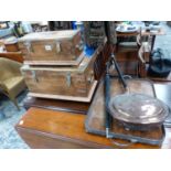 TWO SMALL HARDWOOD BRASS BOUND BOXES, A VINTAGE PARASOL, A GALLERY TRAY AND A WARMING PAN.