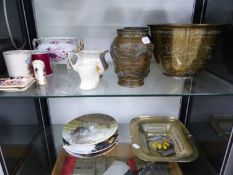 A CHINESE POLISHED BRONZE BOWL, A PAIR OF VASES, A WINGED AA BADGE AND MISCELLANEOUS CERAMICS