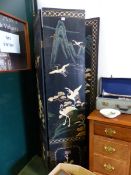 A CHINESE BLACK LACQUER FOUR FOLD SCREEN INLAID IN SPECIMEN STONES WITH CRANES, PINE, LINGZHIH