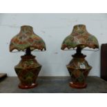 A PAIR OF KASHMIRI PAINTED TABLE LAMPS AND SHADES