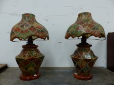 A PAIR OF KASHMIRI PAINTED TABLE LAMPS AND SHADES