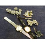 TWO LADIES DRESS WATCHES A COSTUME BRACELET AND EARRING SET AND VARIOUS OTHER BROOCHES ETC.