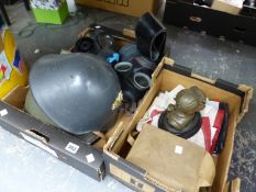 RUSSIAN AND ANOTHER HELMET, GAS MASKS, A CHURN PAINTED TO COMMEMORATE THE 50TH ANNIVERSARY OF THE