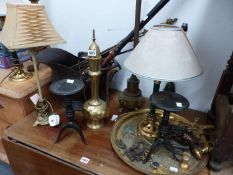SIX TABLE LAMPS, A COPPER COAL SCUTTLE, FIRE IRONS, AN INDIAN BRASS EWER AND OTHER BRASS WARE