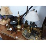 SIX TABLE LAMPS, A COPPER COAL SCUTTLE, FIRE IRONS, AN INDIAN BRASS EWER AND OTHER BRASS WARE