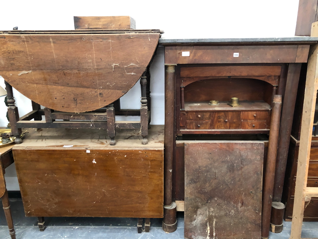 A BIEDERMEIER MAHOGANY SECRETAIRE A BATTANT WITH A GREY MARBLE TOP OVER THE FALL AND DOORS BETWEEN