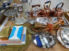 ELECTROPLATE VEGETABLE TUREENS, CUTLERY AND CANDELABRA TOGETHER WITH COPPER KETTLES AND HUNTING