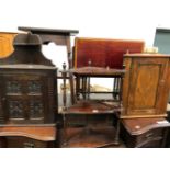 A CARVED OAK AND A STAINED PINE CORNER CUPBOARD TOGETHER WITH A MAHOGANY THREE SHELF WHATNOT