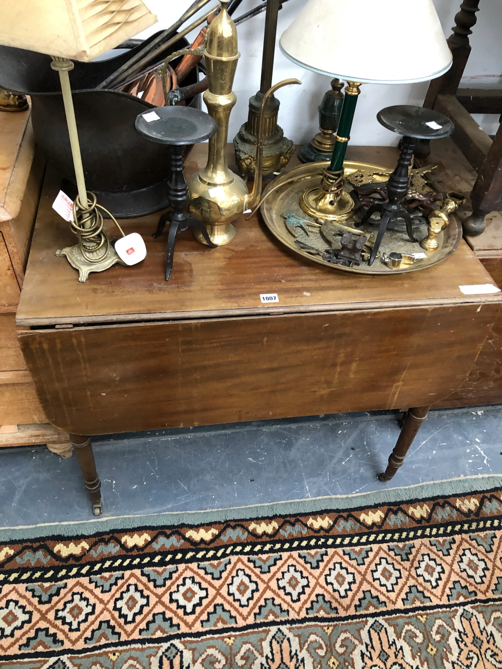 A 19th C. MAHOGANY PEMBROKE TABLE, A MAHOGANY DROP LEAF DINING TABLE TOGETHER WITH AN OAK OVAL