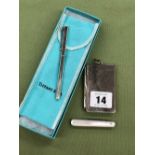 A HALLMARKED SILVER TIFFANY & CO BALLPOINT PEN WITH CASE AND INNER, TOGETHER WITH A VINTAGE PLATED