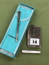 A HALLMARKED SILVER TIFFANY & CO BALLPOINT PEN WITH CASE AND INNER, TOGETHER WITH A VINTAGE PLATED