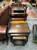 A NEST OF THREE OAK TABLES, A WALL SHELF, A STOOL AND A MAHOGANY SUTHERLAND COFFEE TABLE