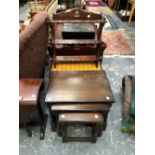 A NEST OF THREE OAK TABLES, A WALL SHELF, A STOOL AND A MAHOGANY SUTHERLAND COFFEE TABLE