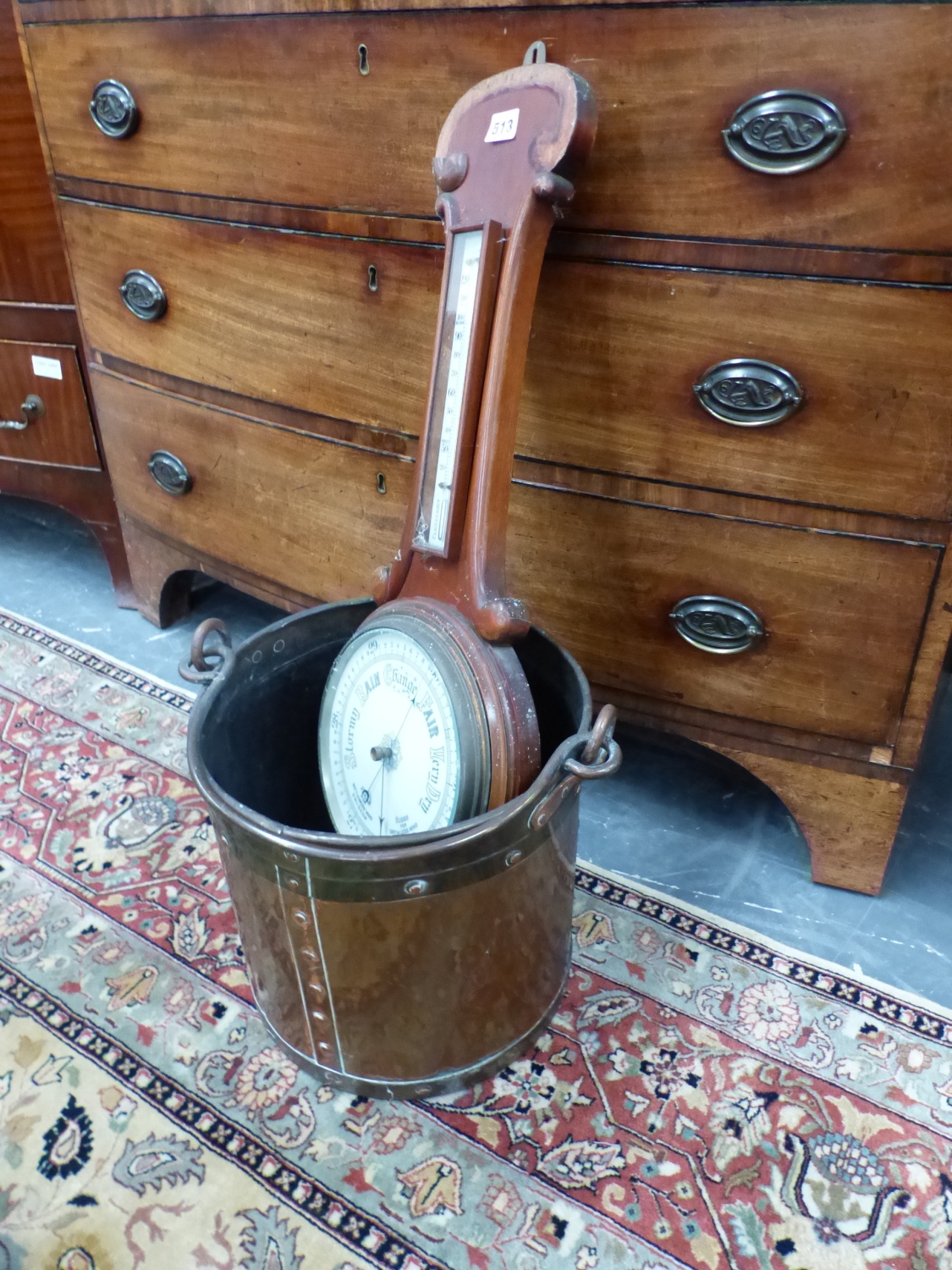 A VICTORIAN MAHOGANY BANJO CASED ANEROID BAROMETER AND MERCURY THERMOMETER TOGETHER WITH A