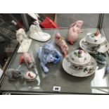 A COLLECTION OF HEREND ANIMAL FIGURES, TWO LIDDED CHOCOLATE CUPS AND SAUCERS, AND TWO FURTHER