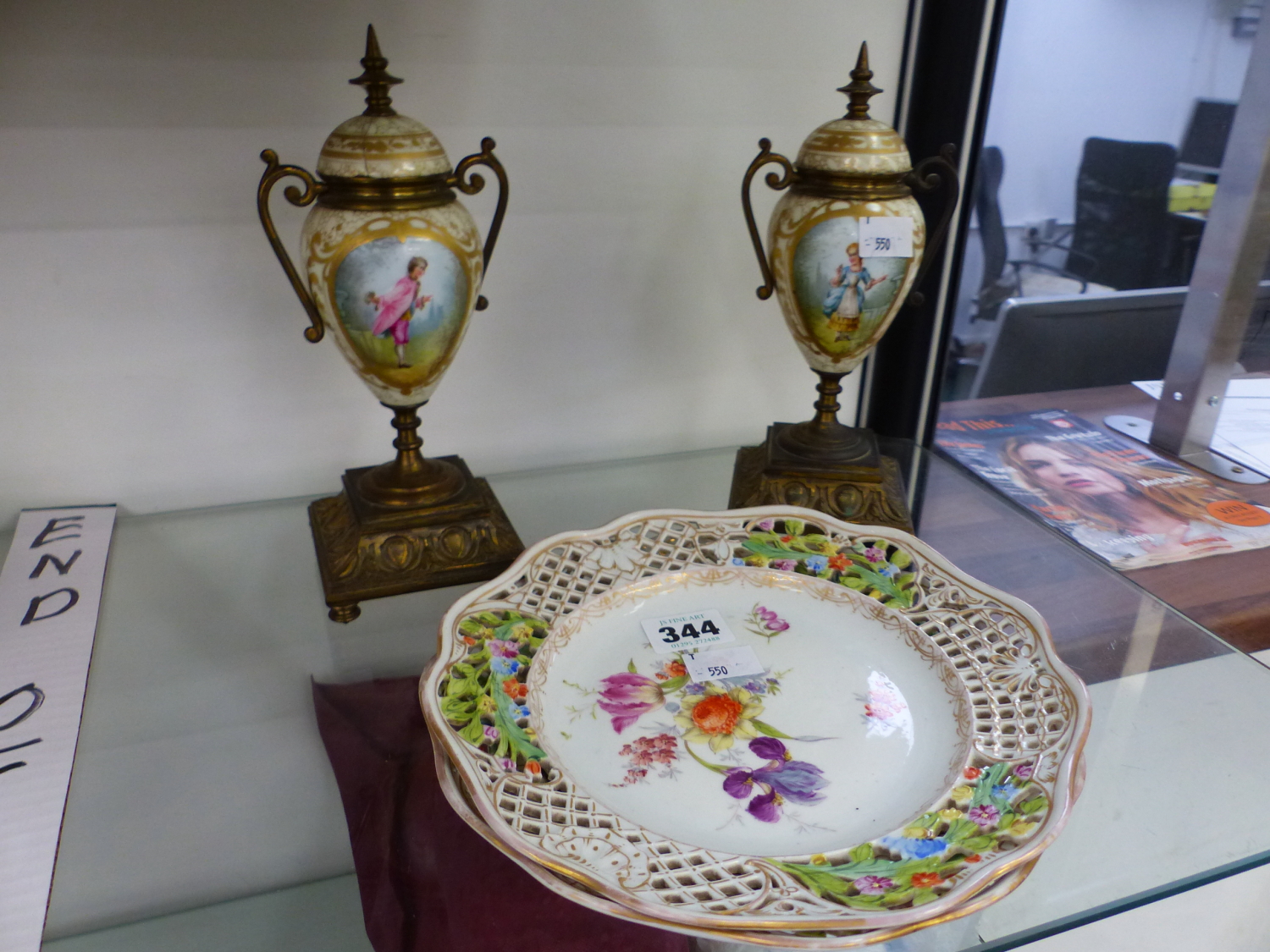 A PAIR OF ORMOLU HANDLED OVOID PORCELAIN SIDE PIECES PAINTED WITH 18th C. FIGURES TOGETHER WITH A