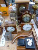 TEN VARIOUS CLOCKS TOGETHER WITH A WOODEN CRUMB TRAY AND BRUSH