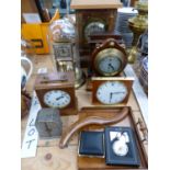 TEN VARIOUS CLOCKS TOGETHER WITH A WOODEN CRUMB TRAY AND BRUSH