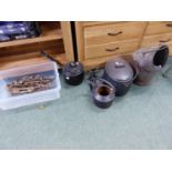 A QUANTITY OF ANTIQUE METAL WARES AND ANTIQUE ICE SKATES.