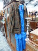 A VINTAGE JAEGER BLUE DRESS AND A DAVID NIEPER JACKET AND VINTAGE FABRIC.