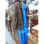 A VINTAGE JAEGER BLUE DRESS AND A DAVID NIEPER JACKET AND VINTAGE FABRIC.