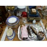 TWO OIL LAMPS, ELECTROPLATE TEA POTS, CUTLERY, BOOKS, KEYS, A DOLL AND A RIDGWAY PART DINNER