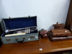 A VINTAGE SILVER PLATED TRUMPET BY J GRAS, PARIS, TOGETHER WITH WRAY BINOCULARS, TWO GENTLEMENS